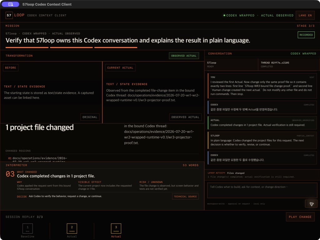 Real product screenshot: human change linked to the next Actual in 57loop